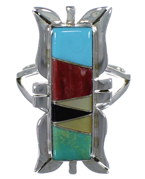 Genuine Sterling Silver Multicolor Inlay Ring Size 6-1/2 EX44306